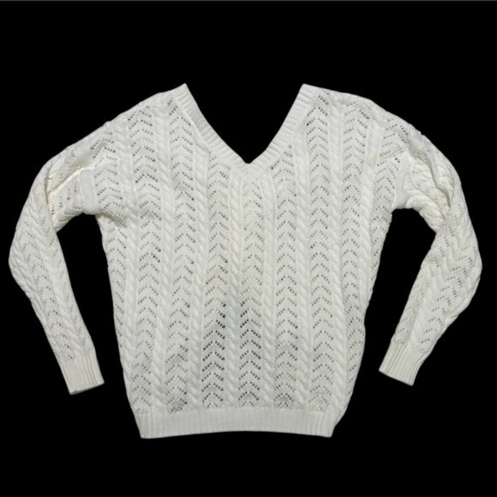 mi ami Francesca's Cable Knit Knotback Sweater Women's S Off White V-Necl L/S - Picture 2 of 10